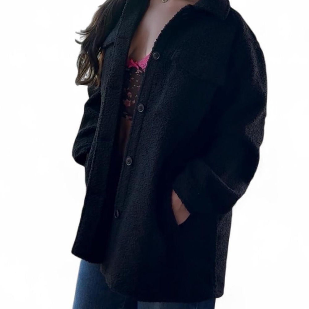 Black Collared Teddy Jacket oversized fit - Picture 6 of 6